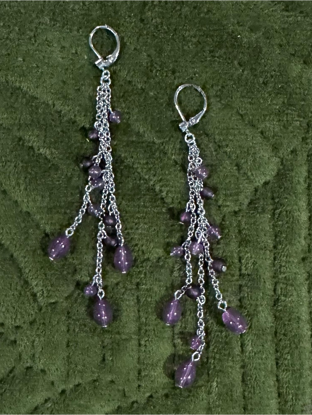 Vintage Express Silver Chain Dangle Earrings with Purple Glass Beads